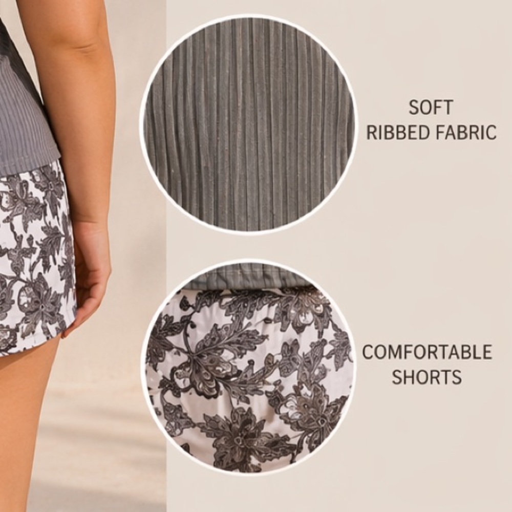 Gray Ribbed Tankini Set Twist Front Top Floral Shorts XXL - Picture 4 of 5